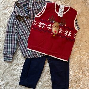 Izod Red Reindeer Vest and Plaid Shirt Set